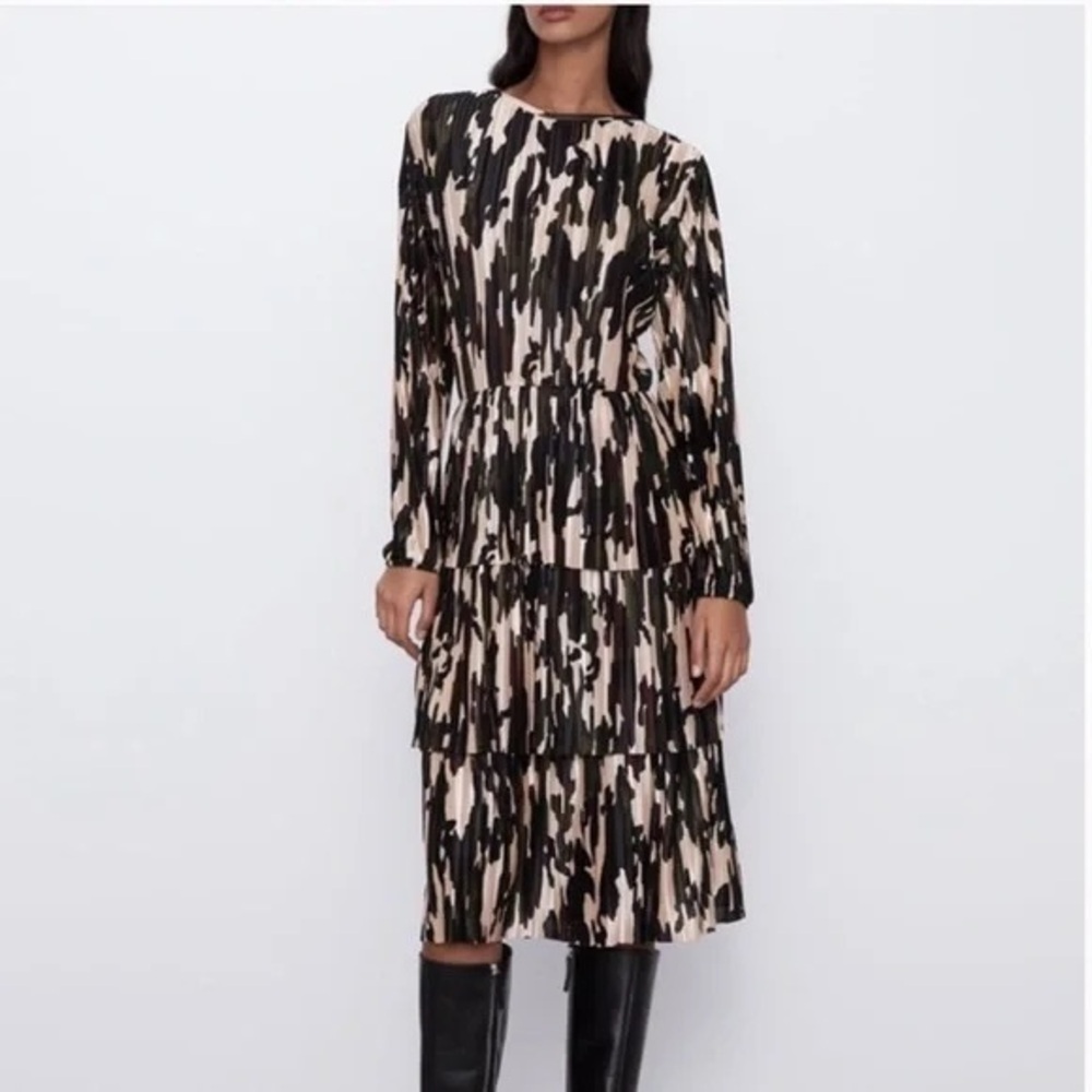 Zara Camo Tiered Skirt Pull On Pleated Dress